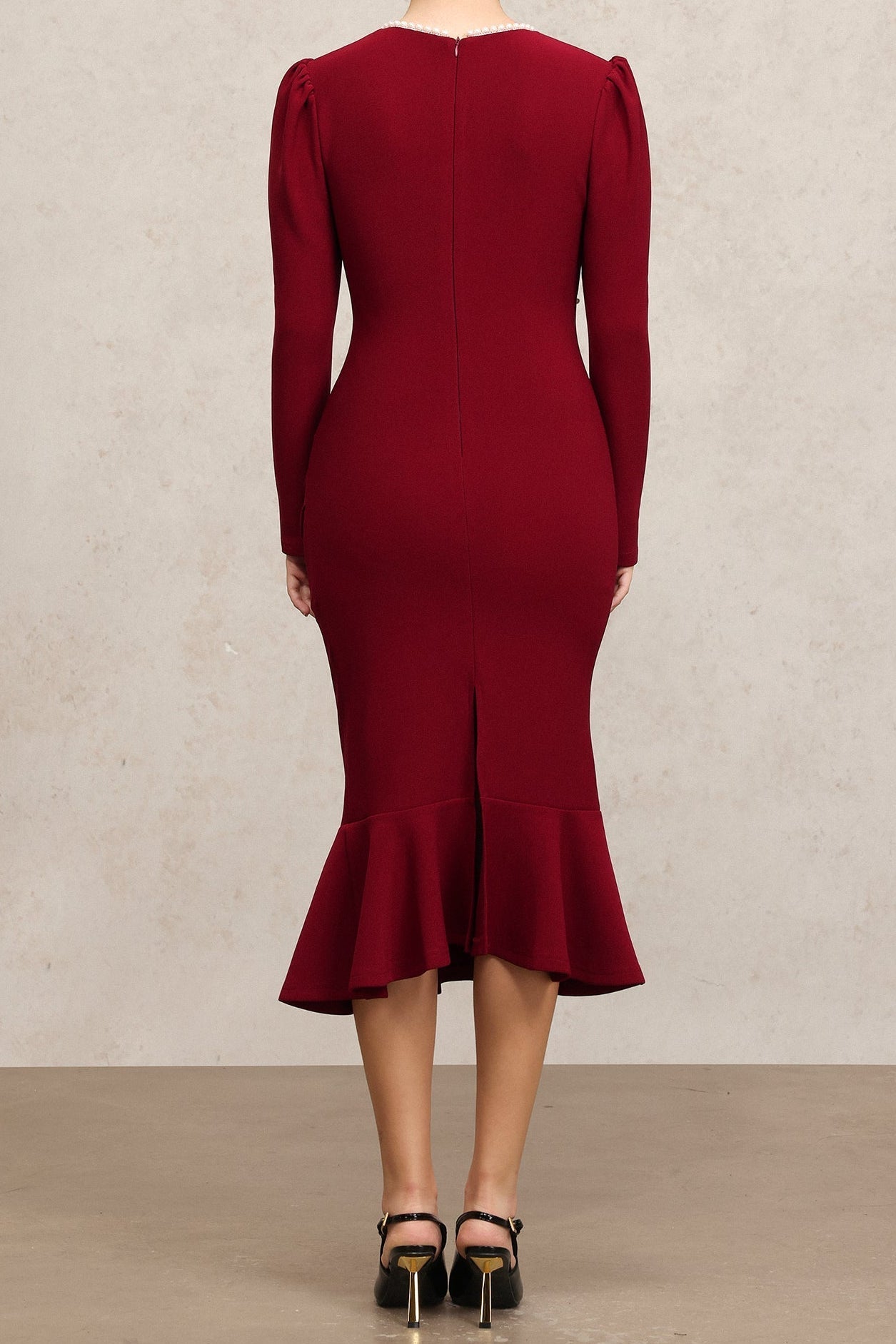 miriam Claret Square Collar Long Sleeves Fishtail Pearl Midi Dress Avalabel