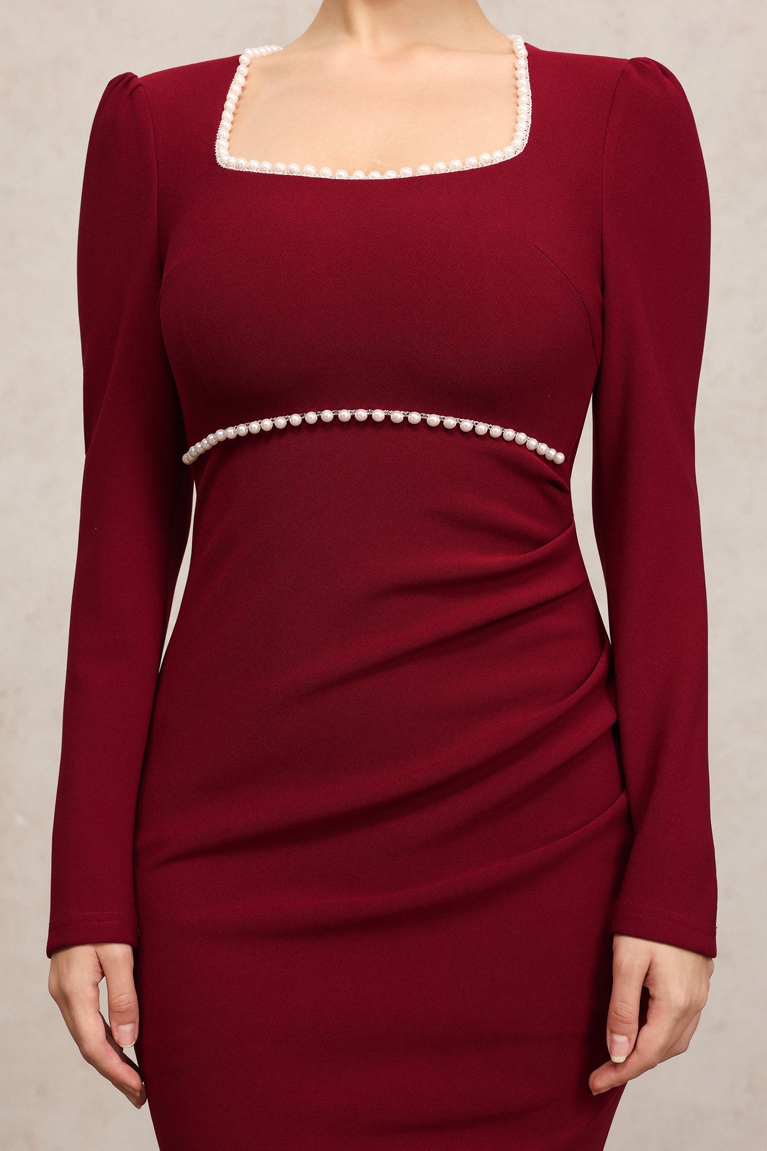 miriam Claret Square Collar Long Sleeves Fishtail Pearl Midi Dress Avalabel