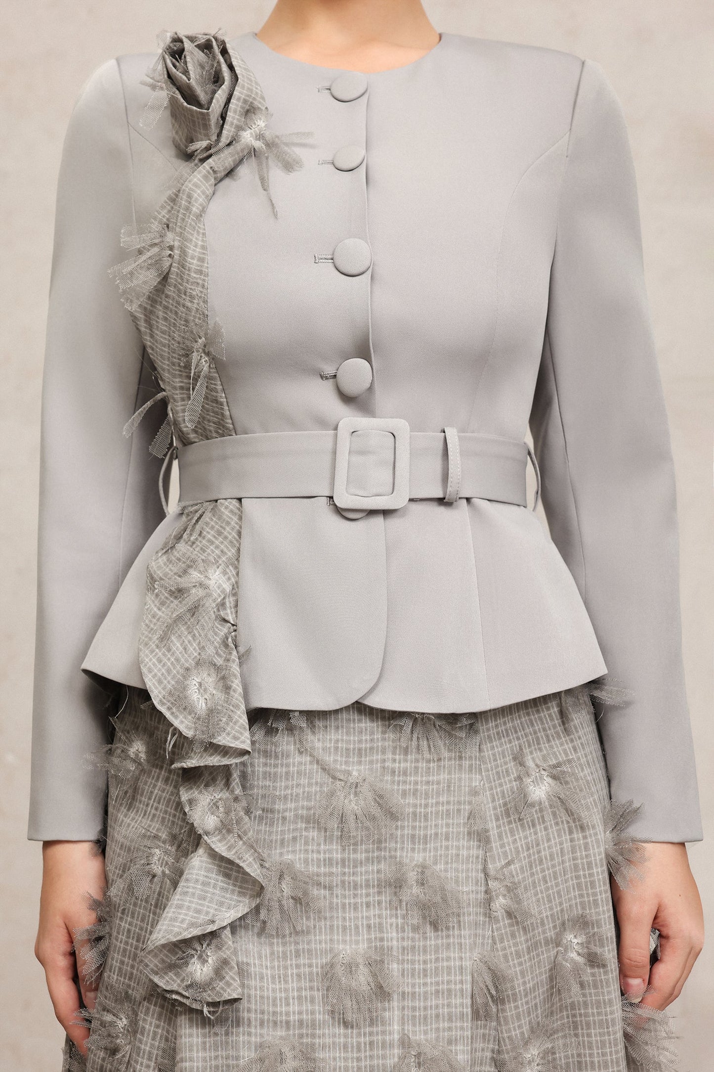 dominic grey Round Neck Long Sleeves Flower Top And Skirt Two-Piece Set
