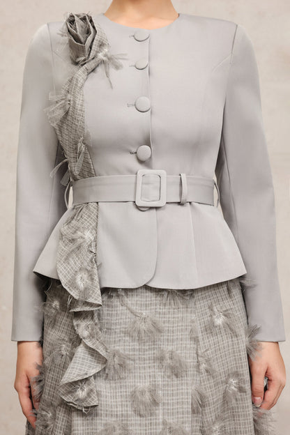 dominic grey Round Neck Long Sleeves Flower Top And Skirt Two-Piece Set