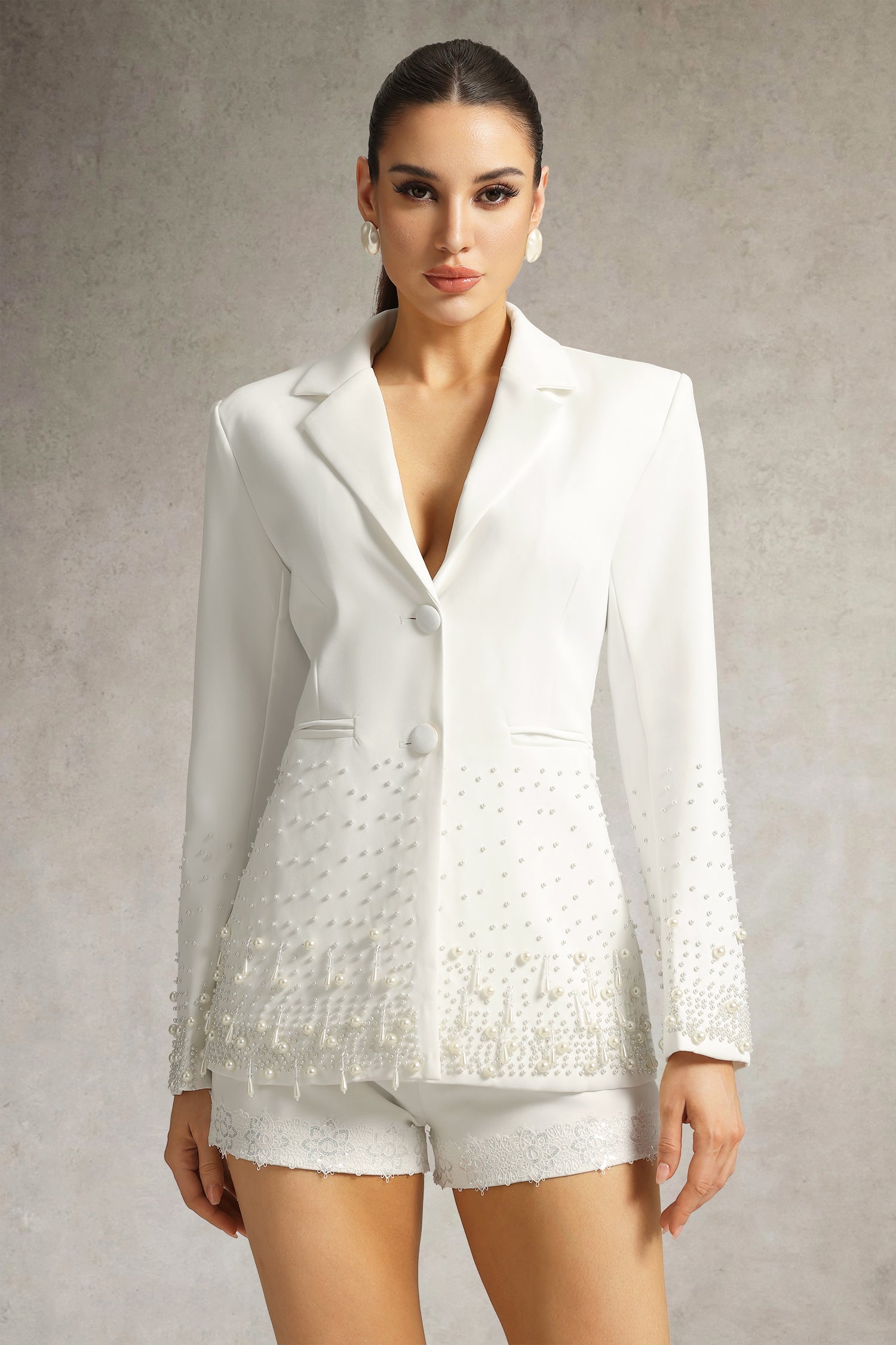 mirabelle Long Sleeve Pearl Blazer in white Avalabel