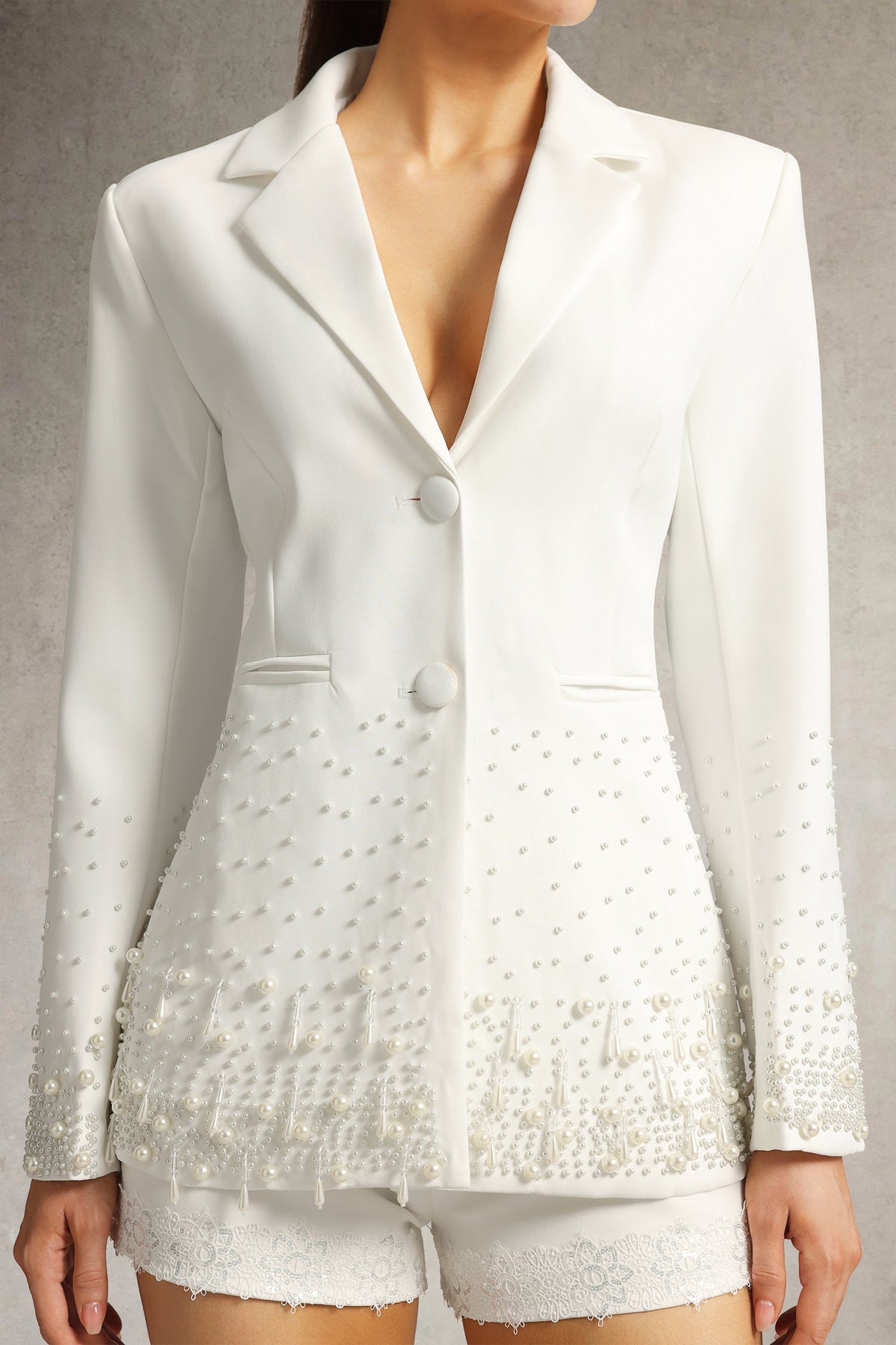 mirabelle Long Sleeve Pearl Blazer in white Avalabel