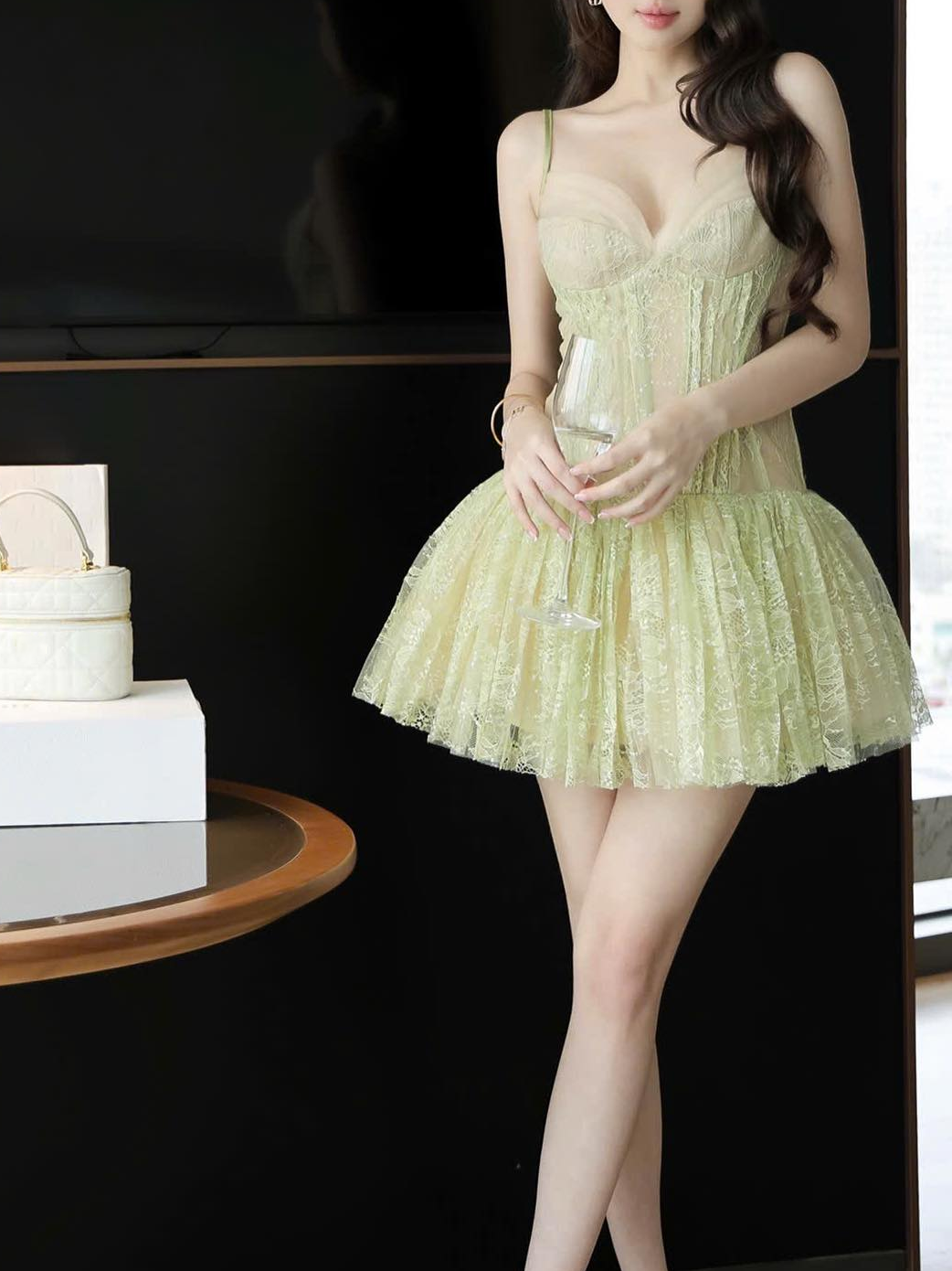 Dorothy Lace Crochet Mini Dress in Green Avalabel