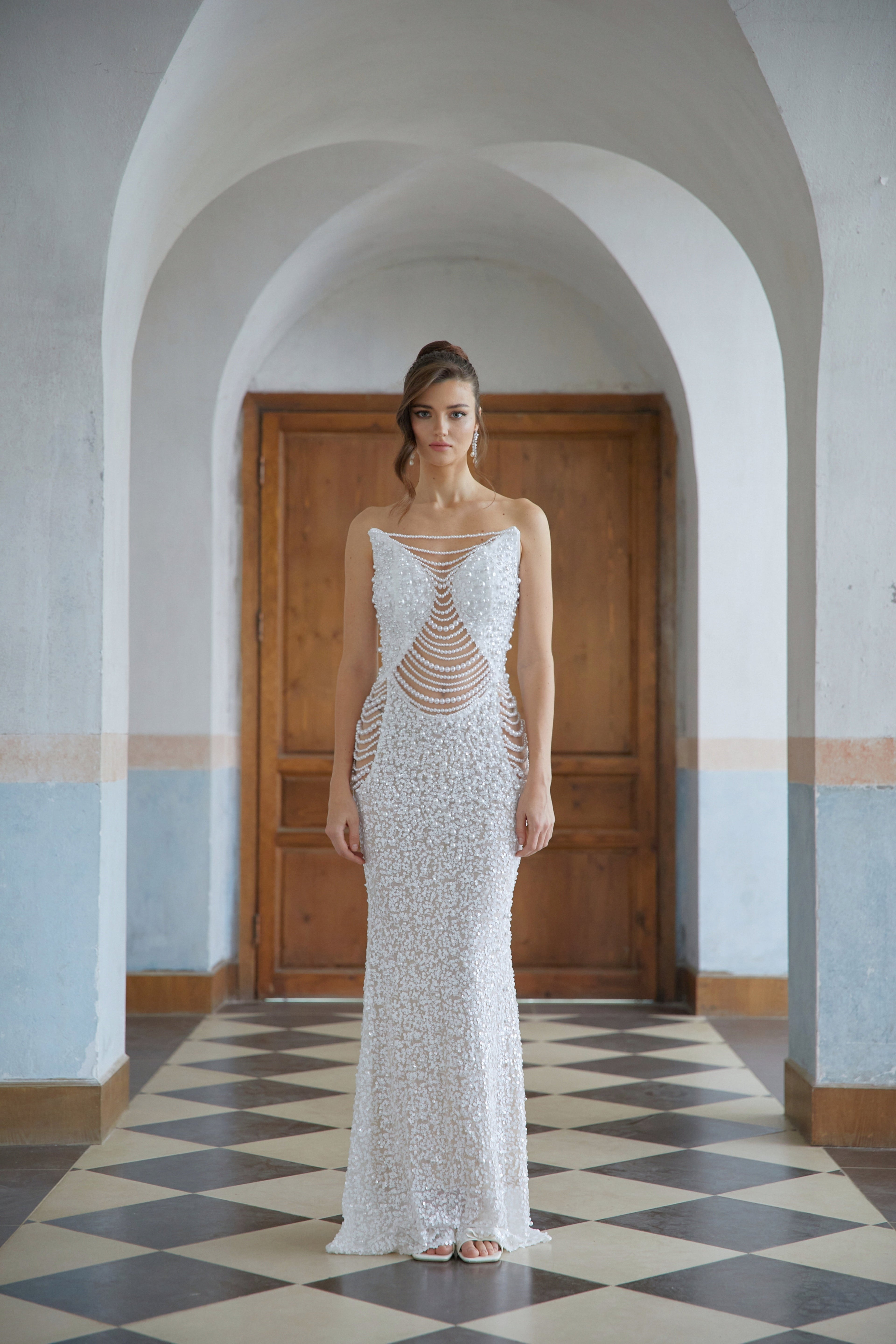 Iseult White Faux Pearl Mesh Maxi Gown Avalabel