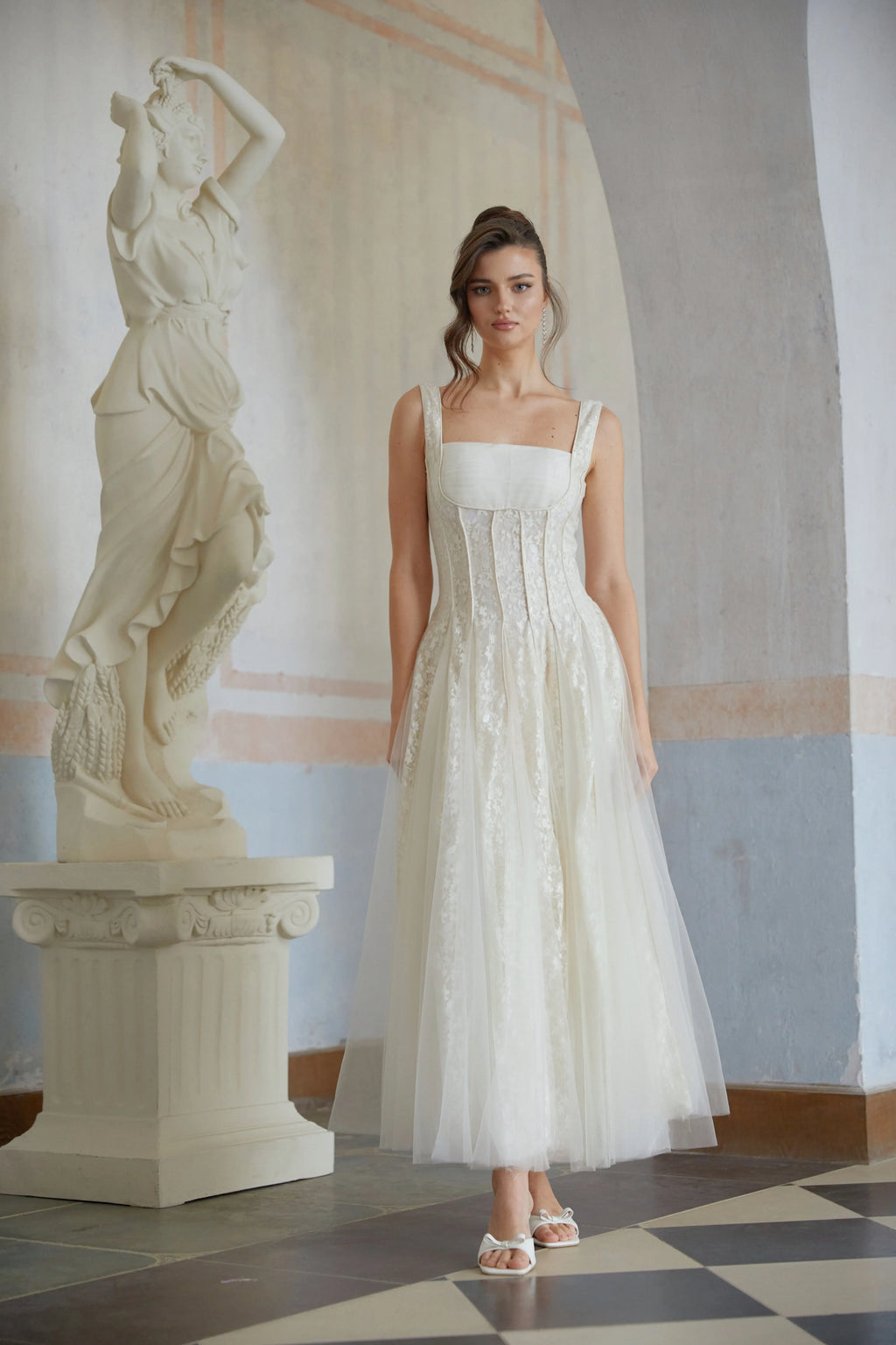 jessica Neutral Tulle Panel Lace Maxi Dress in white Avalabel