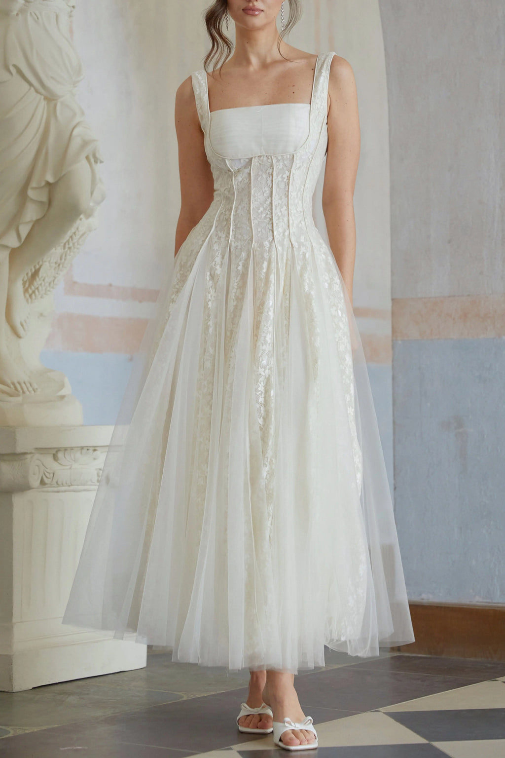 jessica Neutral Tulle Panel Lace Maxi Dress in white Avalabel