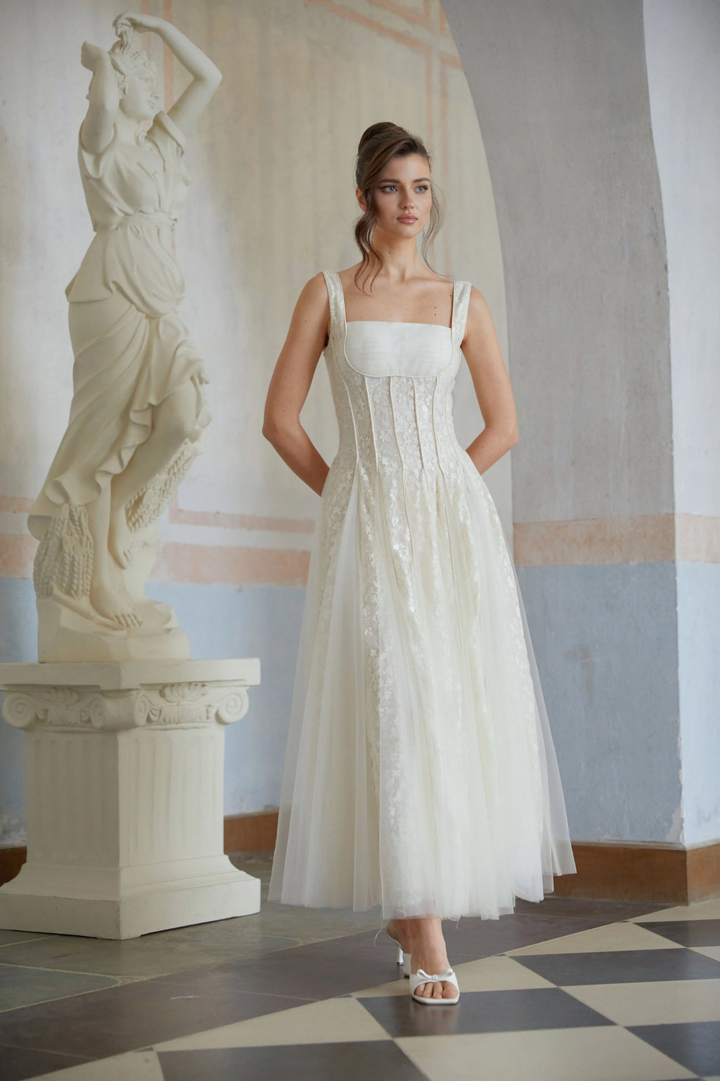 jessica Neutral Tulle Panel Lace Maxi Dress in white Avalabel