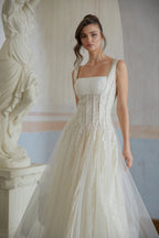 jessica Neutral Tulle Panel Lace Maxi Dress in white Avalabel