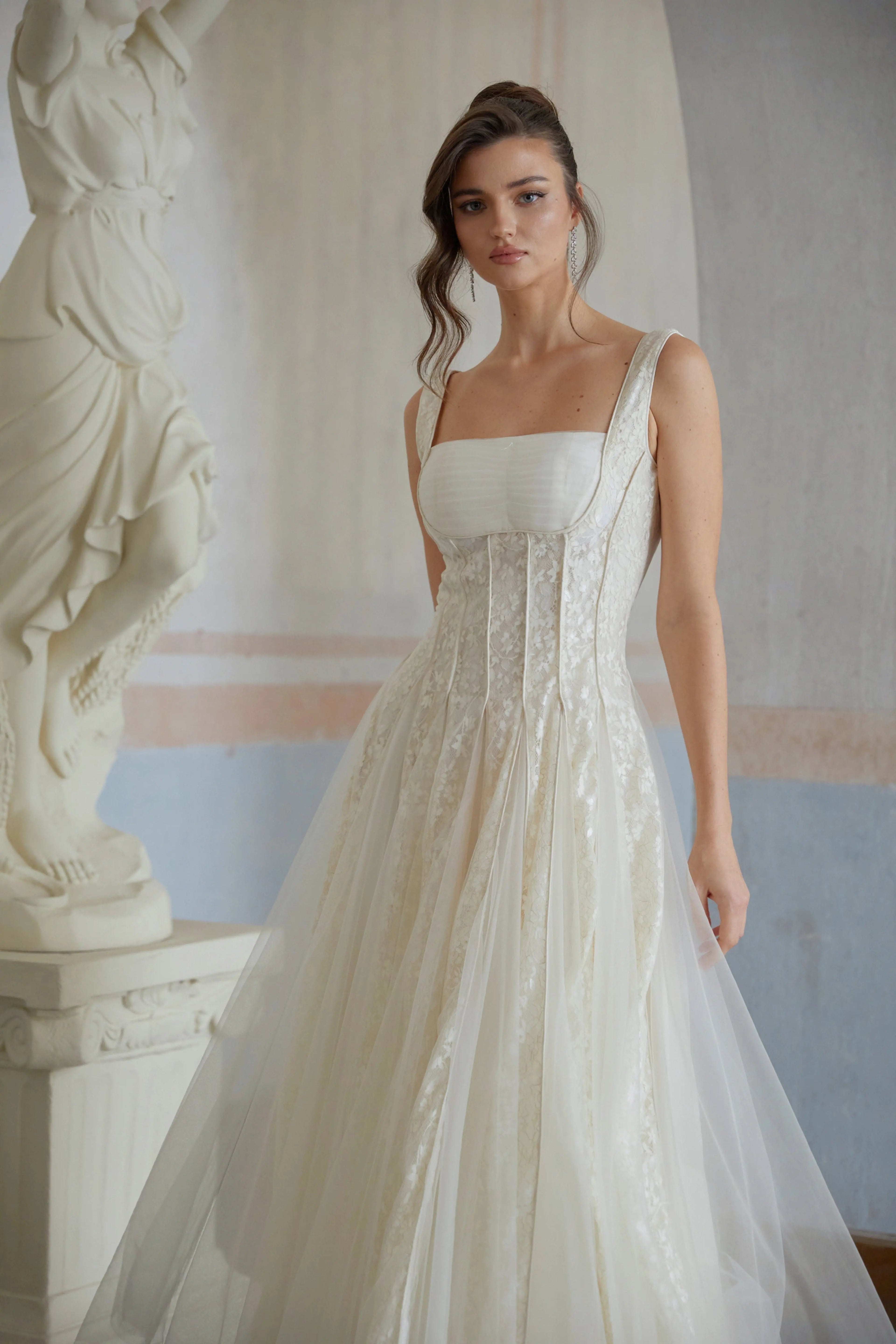 jessica Neutral Tulle Panel Lace Maxi Dress in white Avalabel