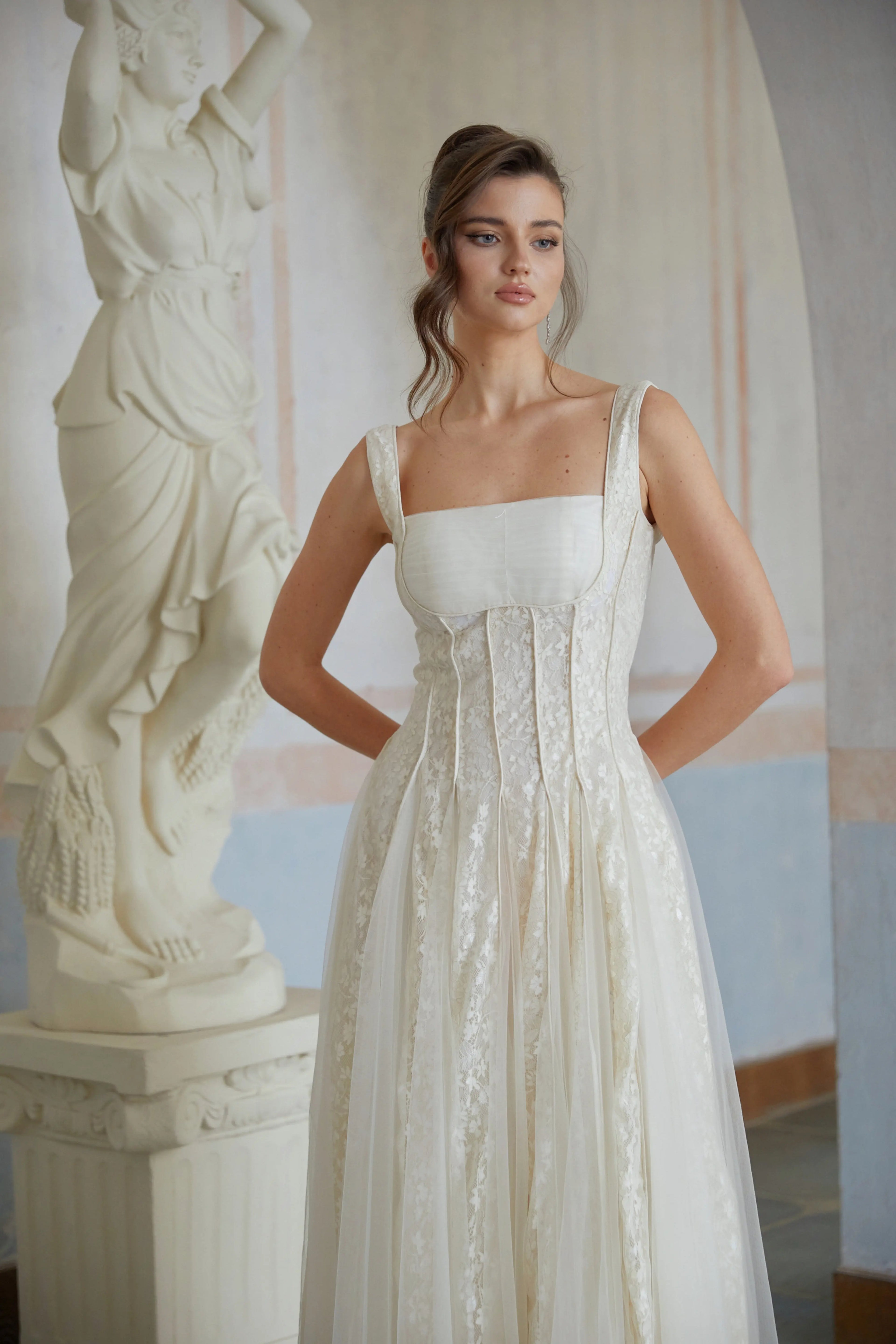 jessica Neutral Tulle Panel Lace Maxi Dress in white Avalabel