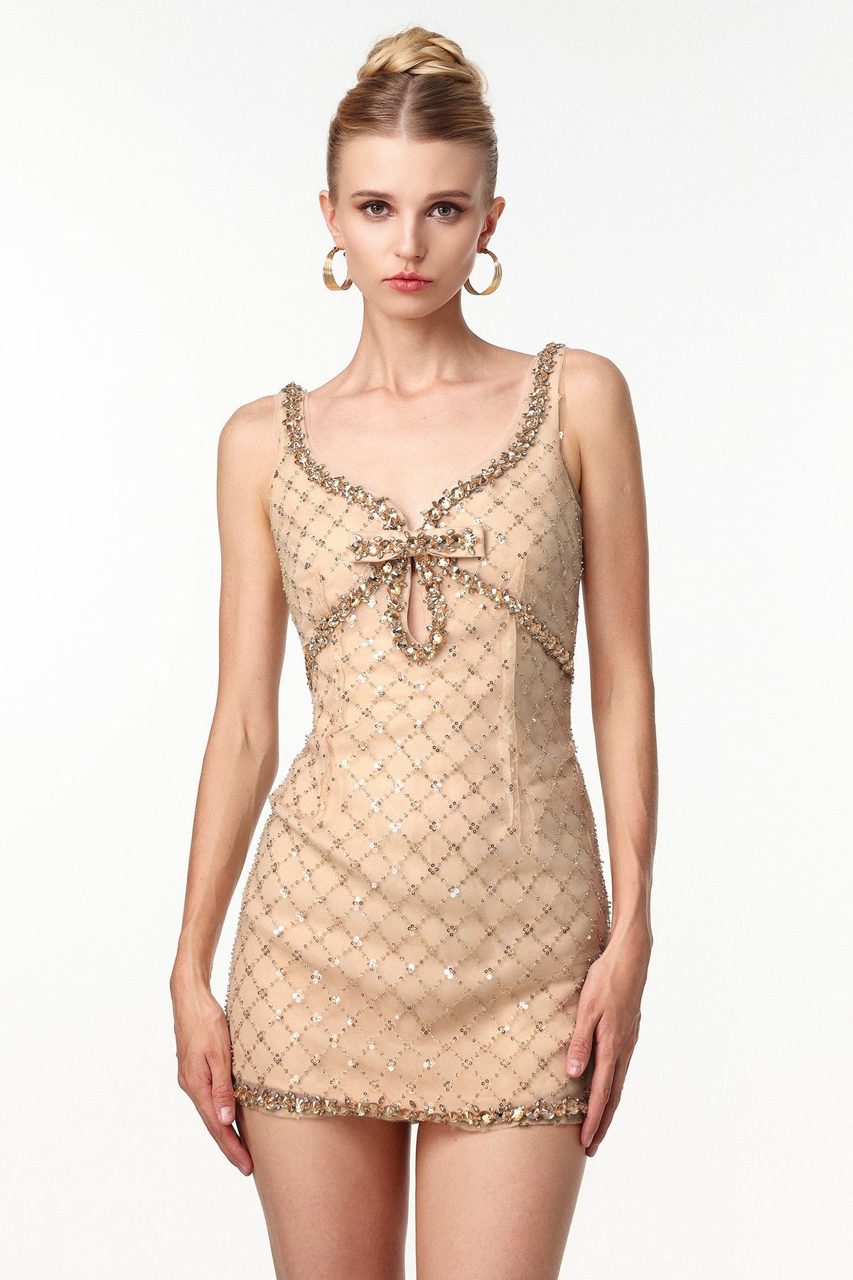 mona Embellished Rhinestone Sequin Mini Dress in yellow Avalabel
