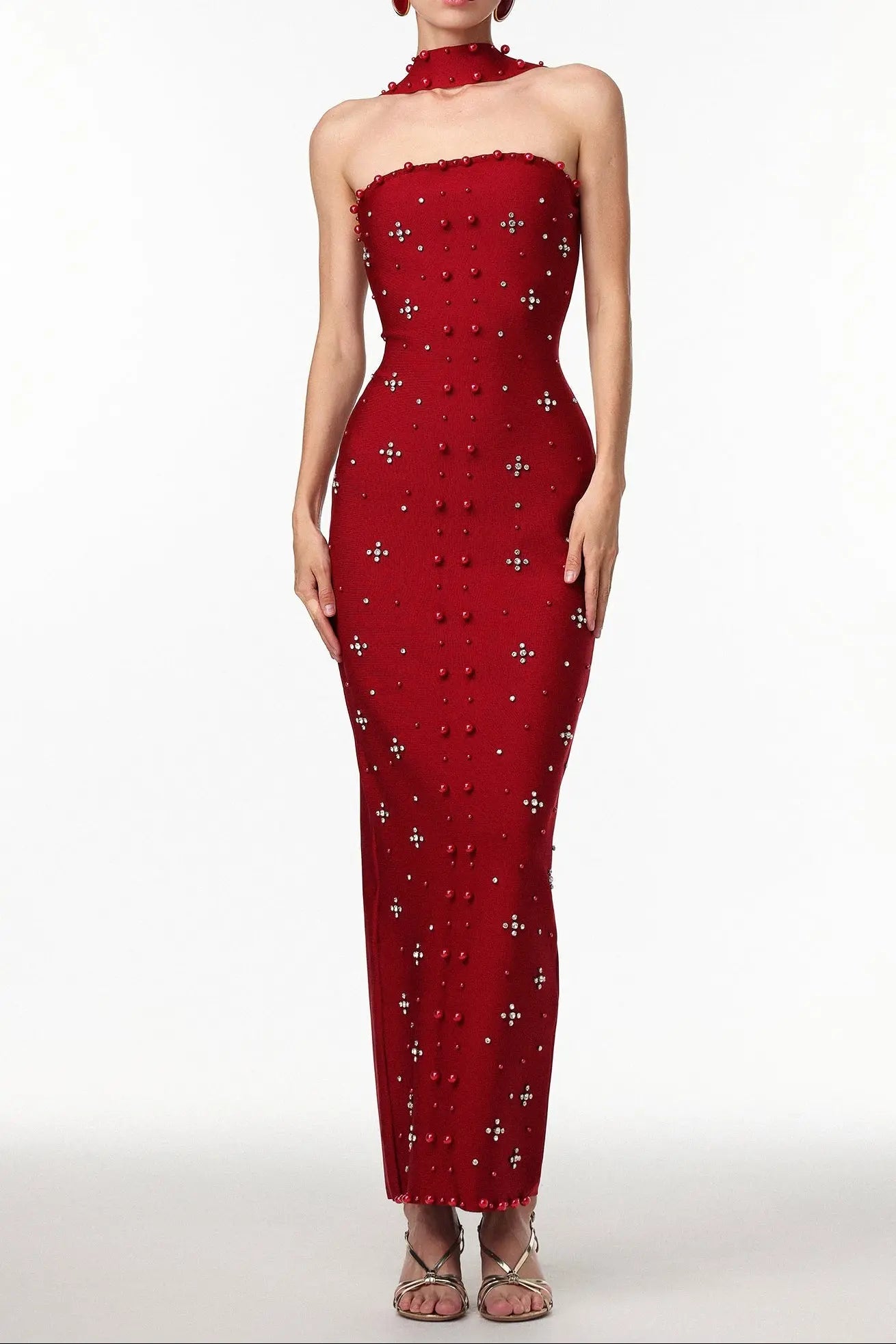Nesya Sleeveless Pearl Wine Bandage Maxi Dress Avalabel