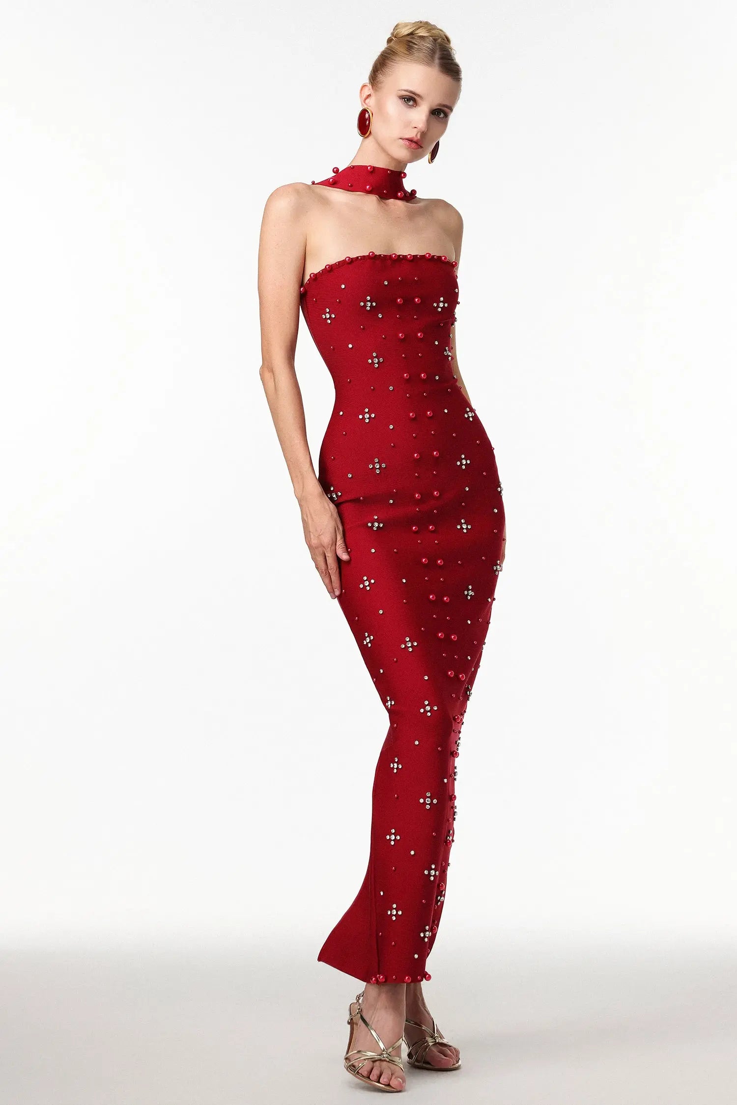 Nesya Sleeveless Pearl Wine Bandage Maxi Dress Avalabel