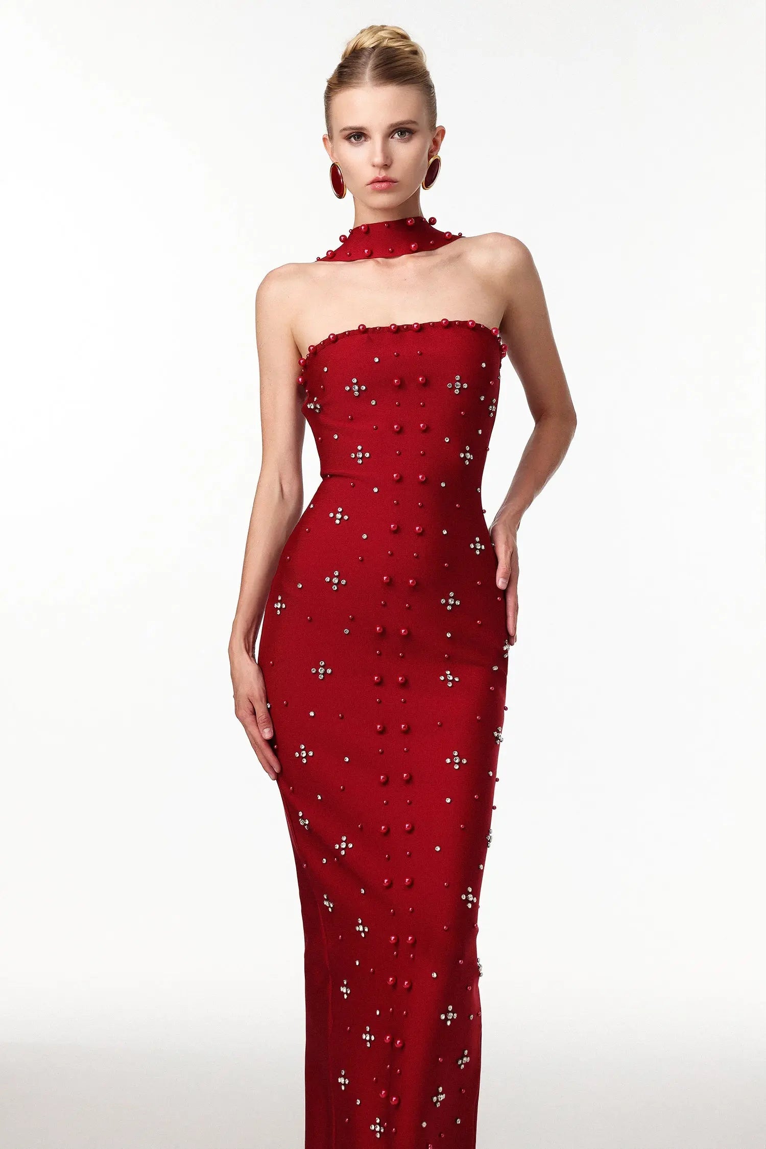Nesya Sleeveless Pearl Wine Bandage Maxi Dress Avalabel