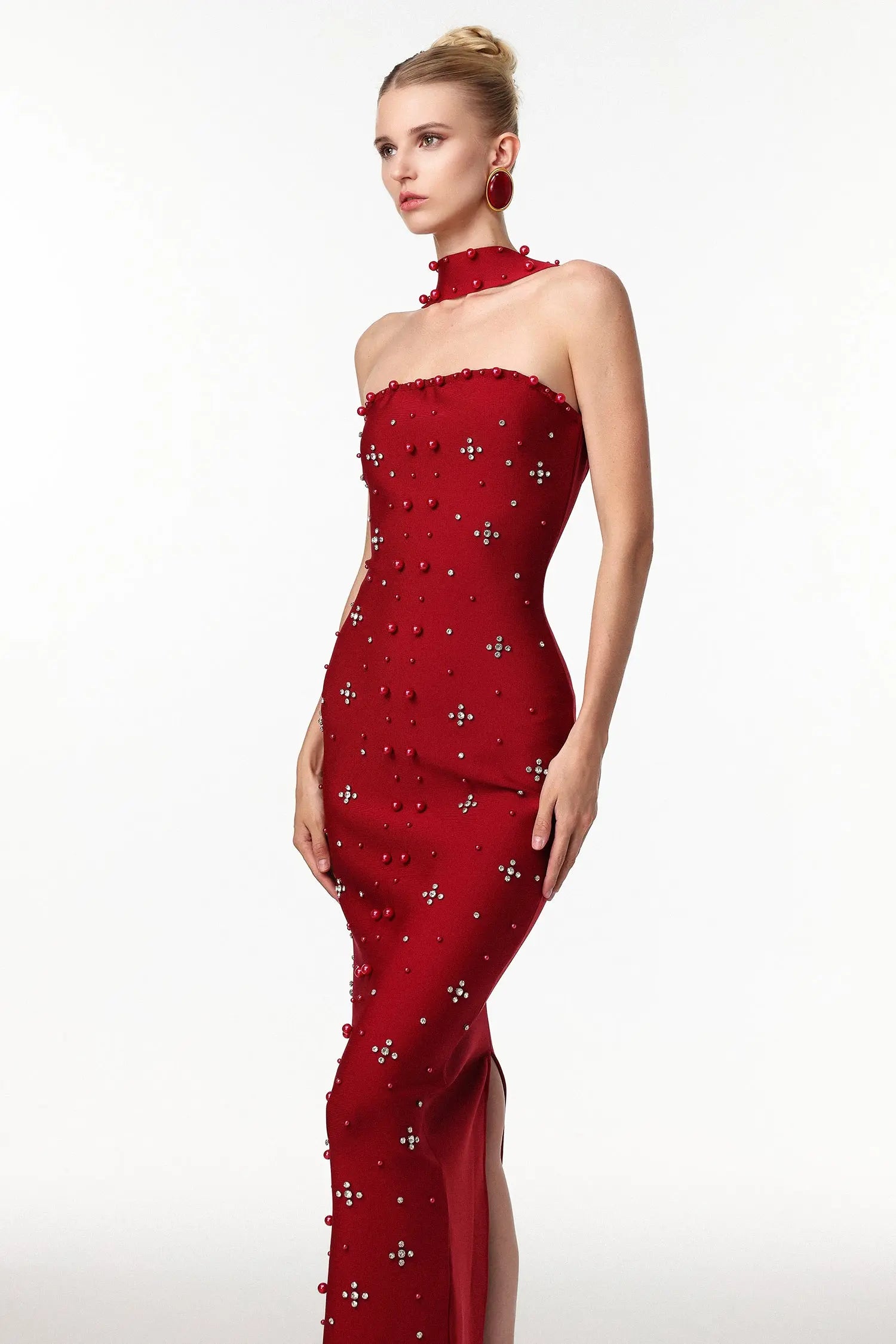 Nesya Sleeveless Pearl Wine Bandage Maxi Dress Avalabel