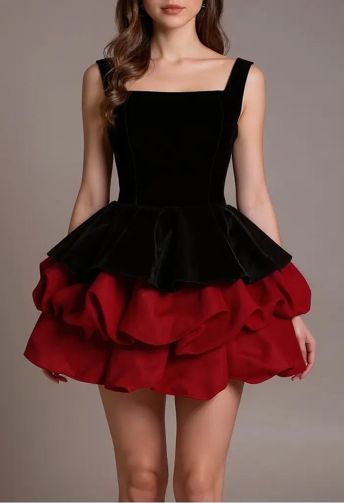 alexandra layer Wavy trim mini dress  - black/red Avalabel