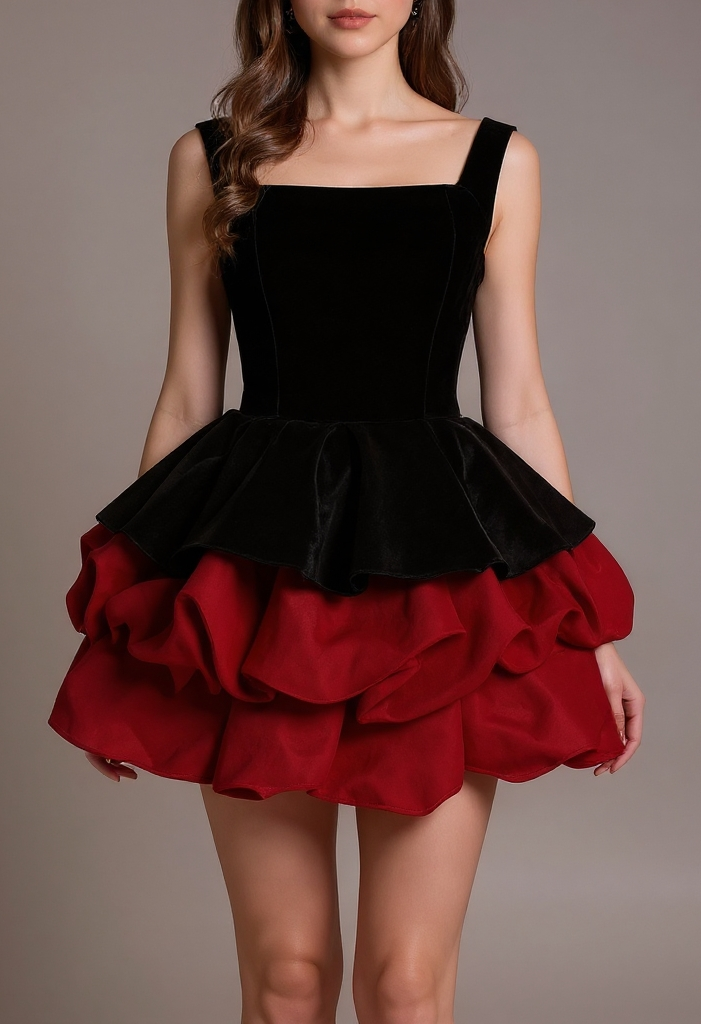 alexandra layer Wavy trim mini dress  - black/red Avalabel