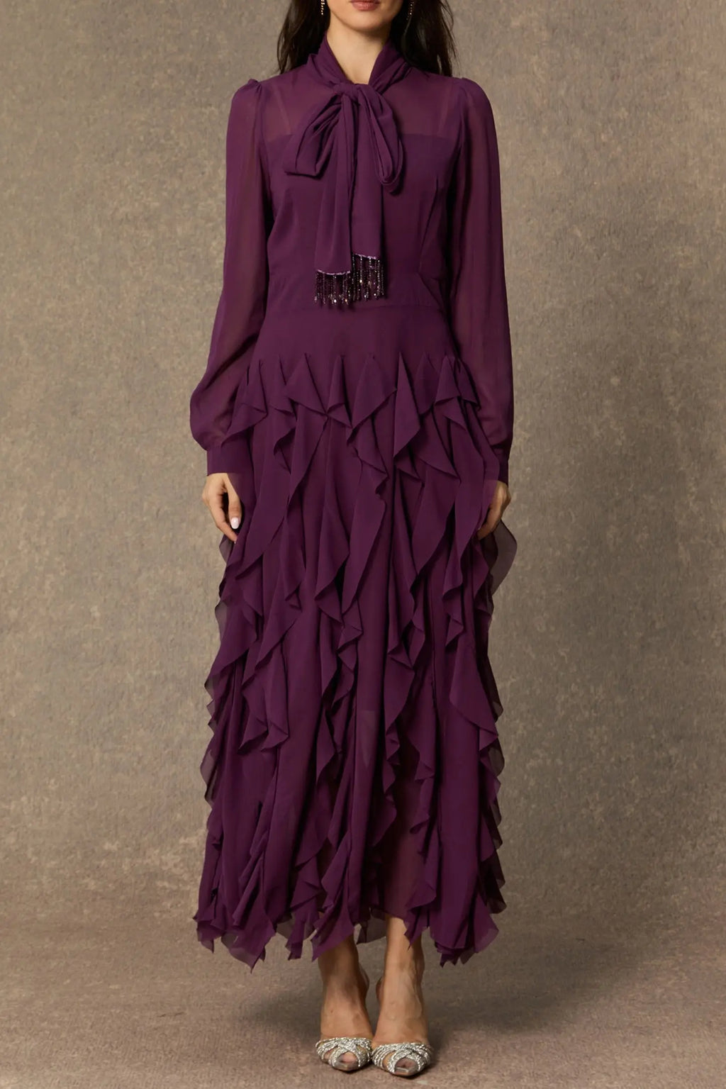 bonnie Purple Bow Neck Tiered Ruffle Maxi Dress Avalabel
