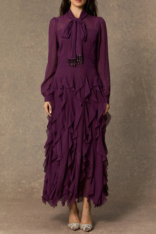 bonnie Purple Bow Neck Tiered Ruffle Maxi Dress Avalabel