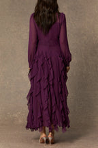 bonnie Purple Bow Neck Tiered Ruffle Maxi Dress Avalabel