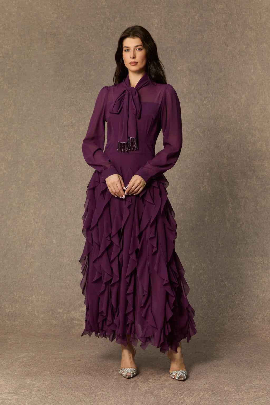 bonnie Purple Bow Neck Tiered Ruffle Maxi Dress Avalabel