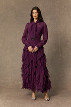 bonnie Purple Bow Neck Tiered Ruffle Maxi Dress Avalabel
