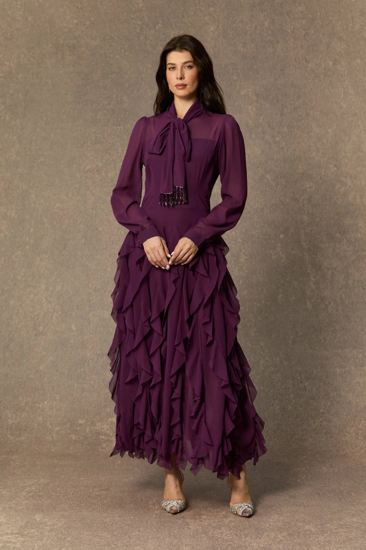 bonnie Purple Bow Neck Tiered Ruffle Maxi Dress Avalabel