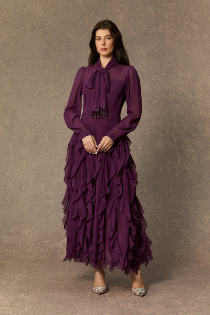 bonnie Purple Bow Neck Tiered Ruffle Maxi Dress