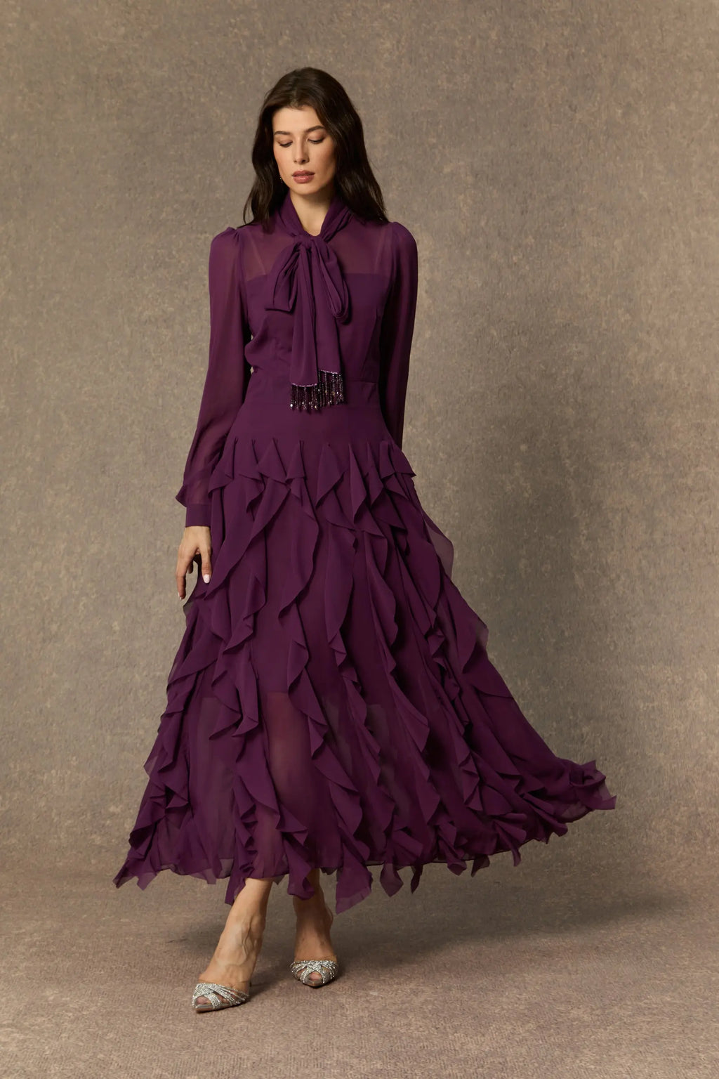 bonnie Purple Bow Neck Tiered Ruffle Maxi Dress Avalabel
