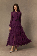 bonnie Purple Bow Neck Tiered Ruffle Maxi Dress Avalabel