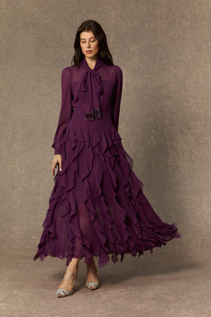 bonnie Purple Bow Neck Tiered Ruffle Maxi Dress