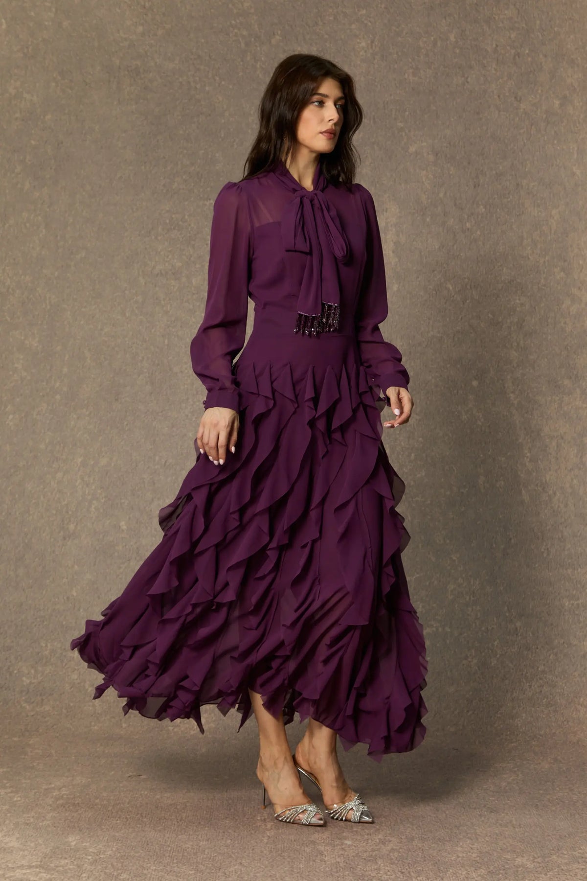 bonnie Purple Bow Neck Tiered Ruffle Maxi Dress Avalabel
