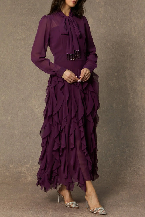 bonnie Purple Bow Neck Tiered Ruffle Maxi Dress Avalabel