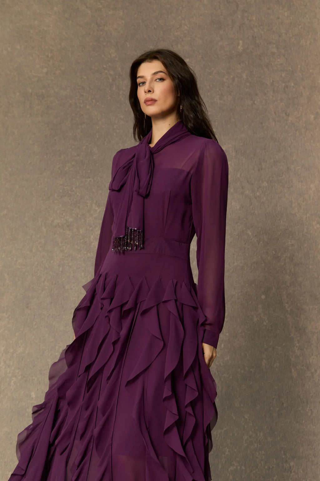 bonnie Purple Bow Neck Tiered Ruffle Maxi Dress Avalabel