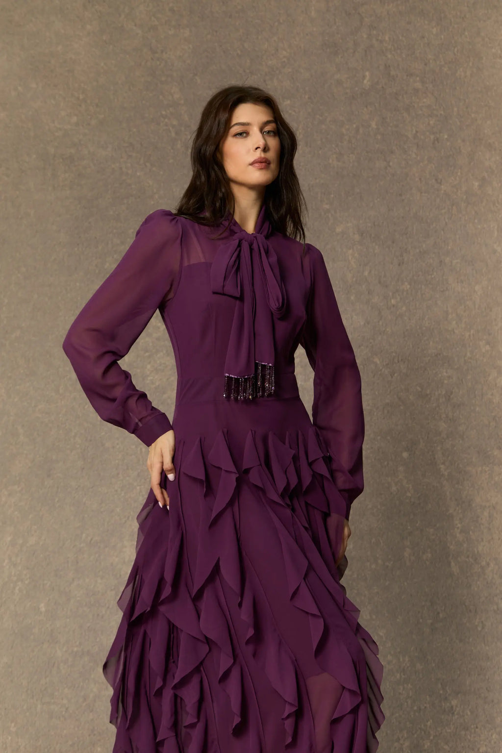 bonnie Purple Bow Neck Tiered Ruffle Maxi Dress Avalabel