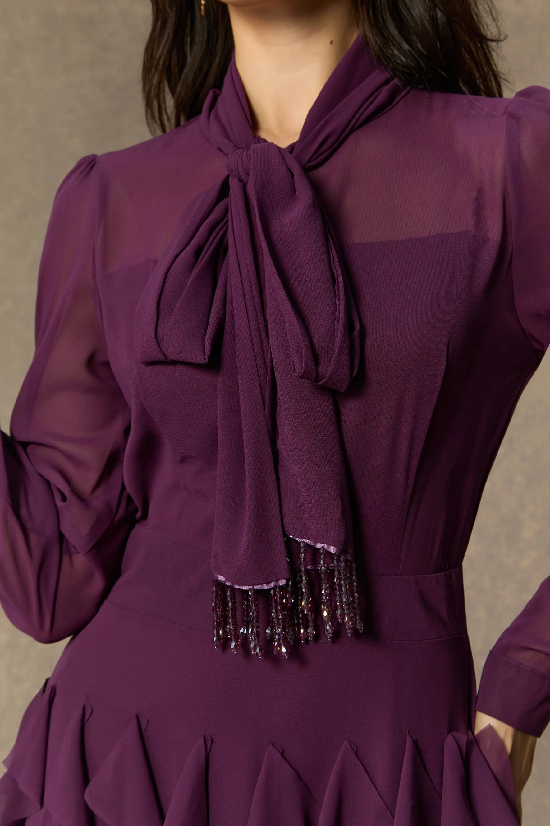 bonnie Purple Bow Neck Tiered Ruffle Maxi Dress Avalabel