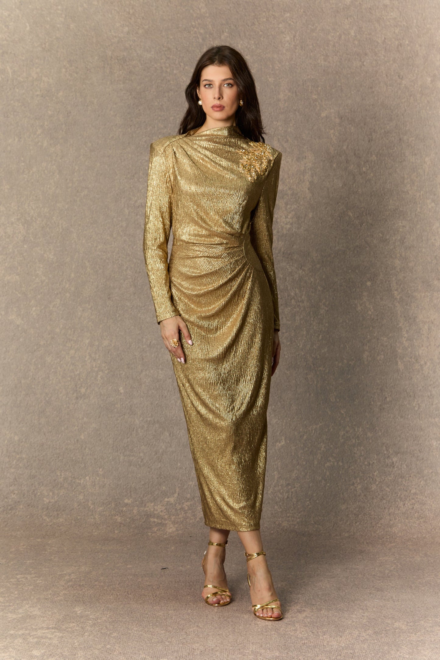 Michelle Gold Floral Embellished Texture Midi Dress