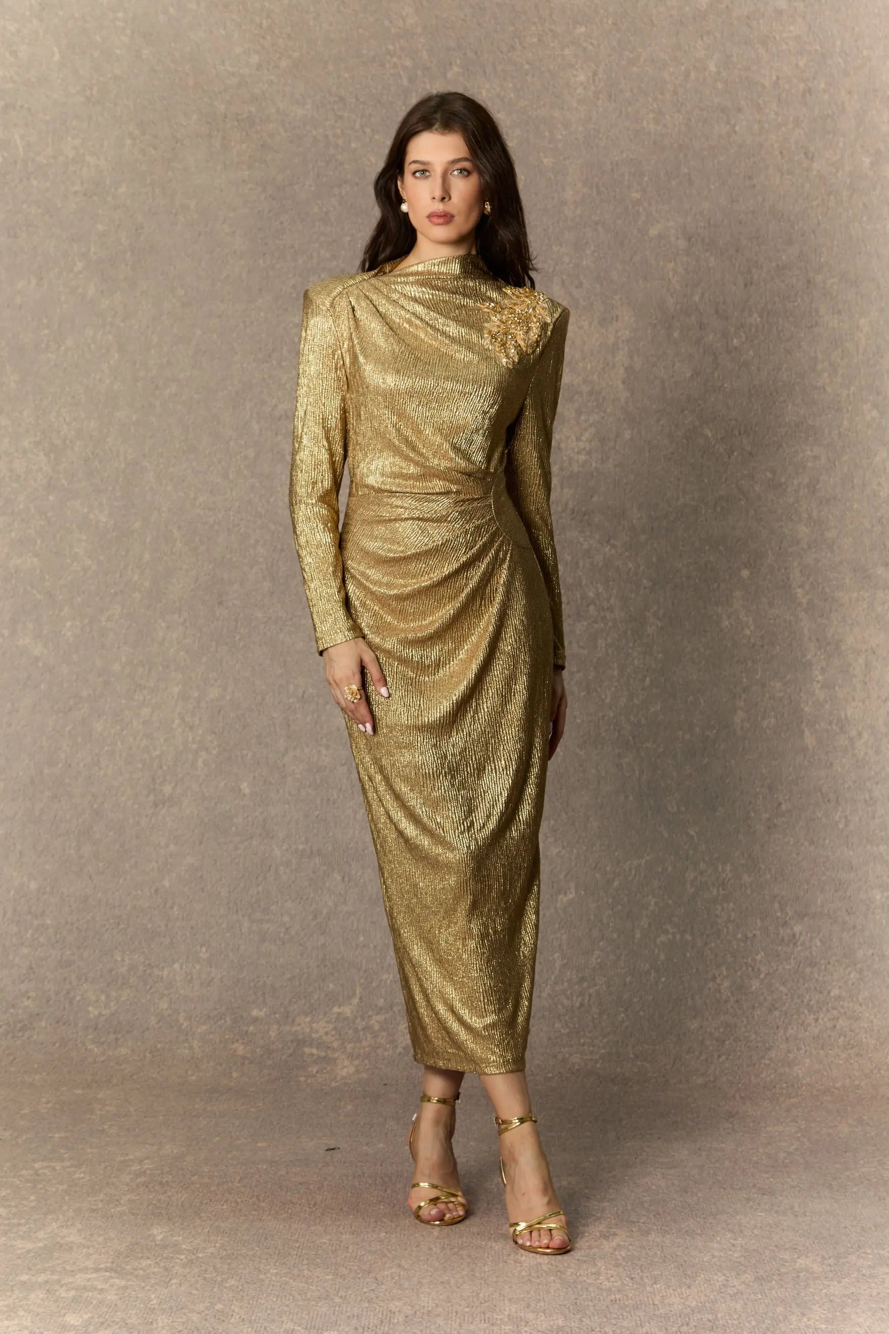 Michelle Gold Floral Embellished Texture Midi Dress Avalabel