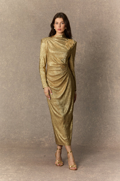 Michelle Gold Floral Embellished Texture Midi Dress