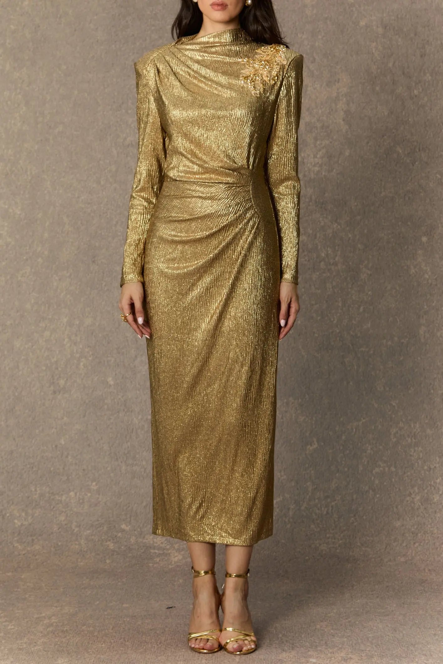 Michelle Gold Floral Embellished Texture Midi Dress Avalabel