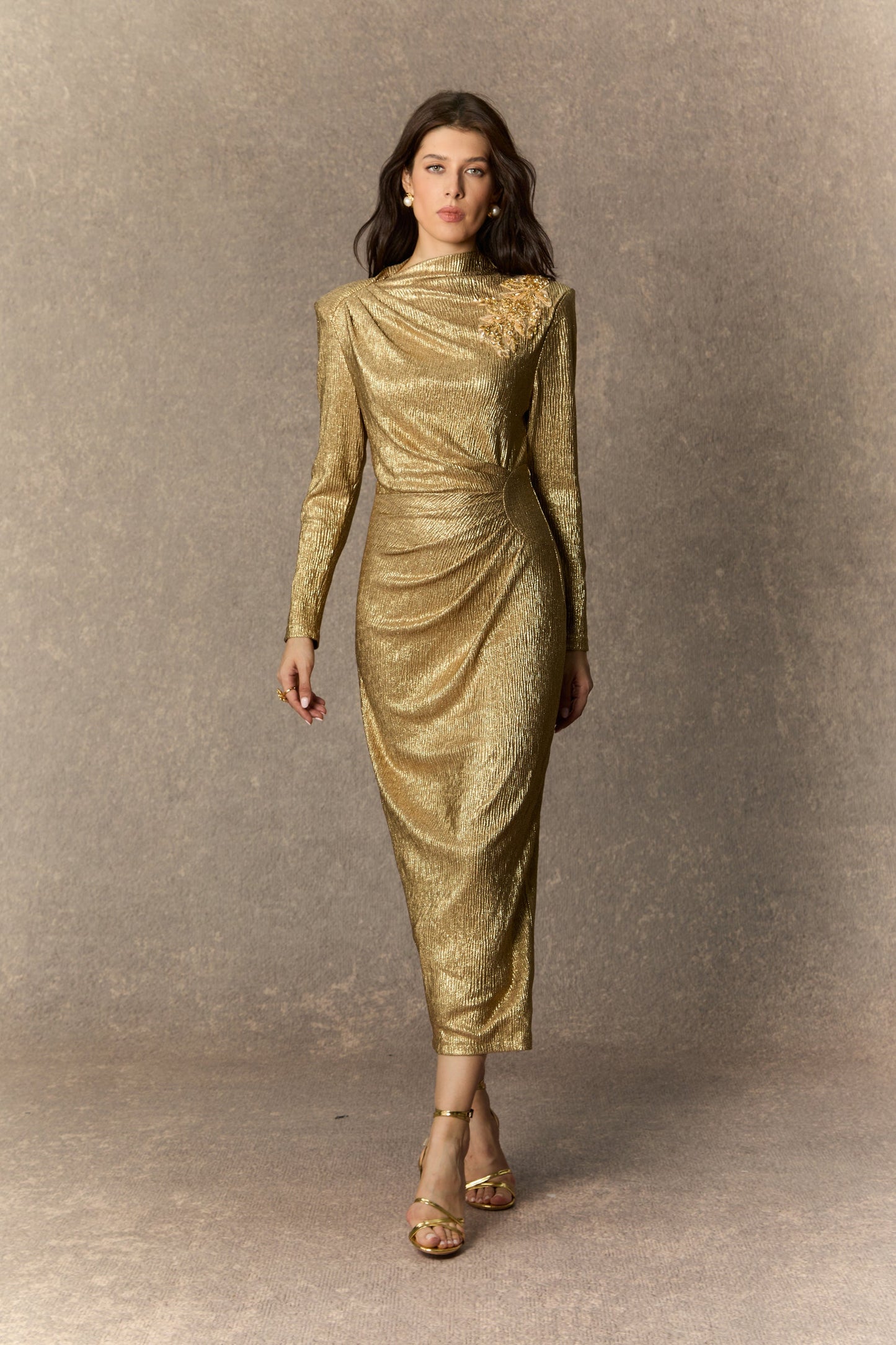 Michelle Gold Floral Embellished Texture Midi Dress