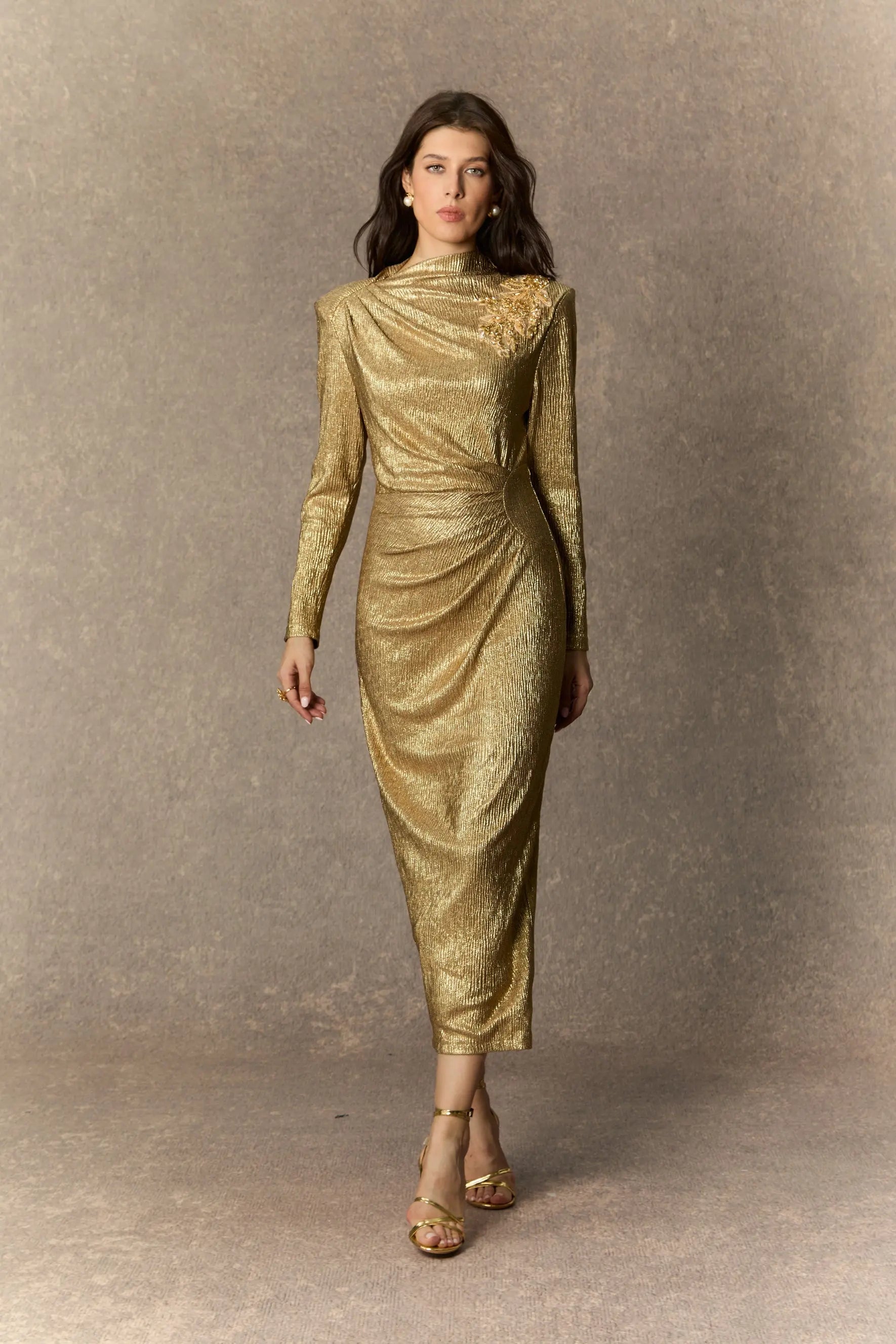 Michelle Gold Floral Embellished Texture Midi Dress Avalabel
