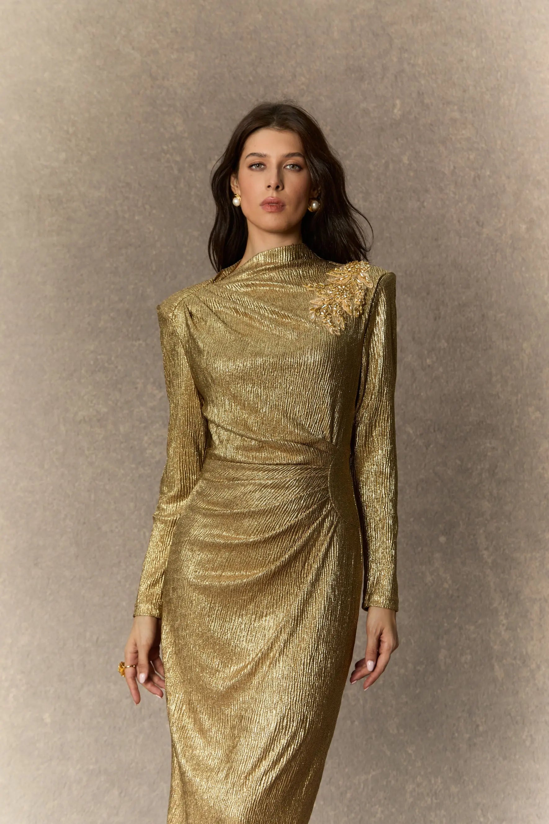 Michelle Gold Floral Embellished Texture Midi Dress Avalabel