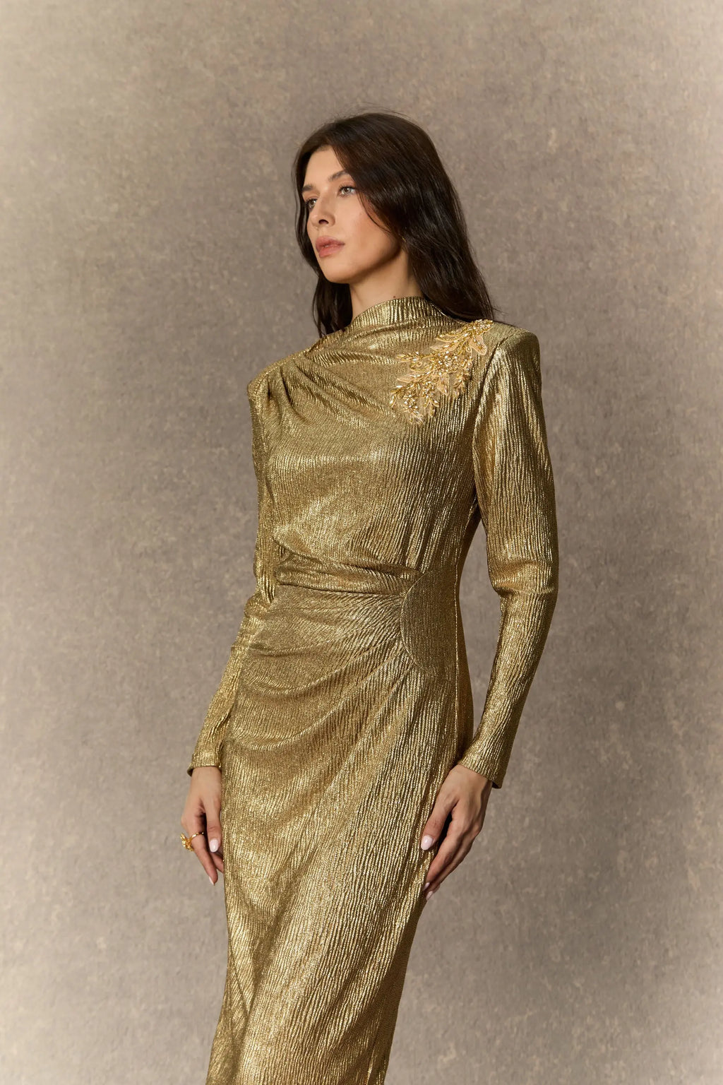 Michelle Gold Floral Embellished Texture Midi Dress Avalabel