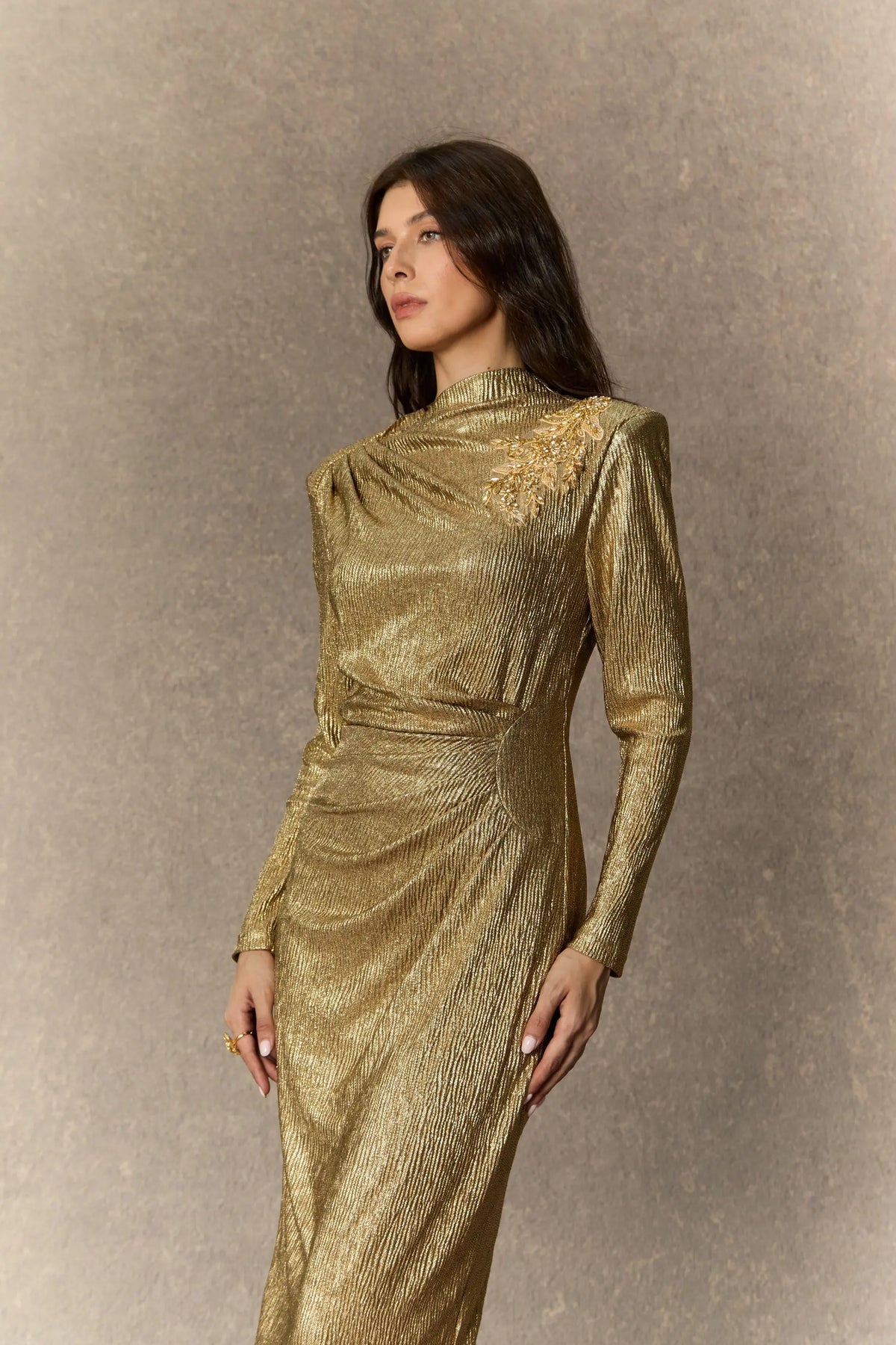 Michelle Gold Floral Embellished Texture Midi Dress Avalabel