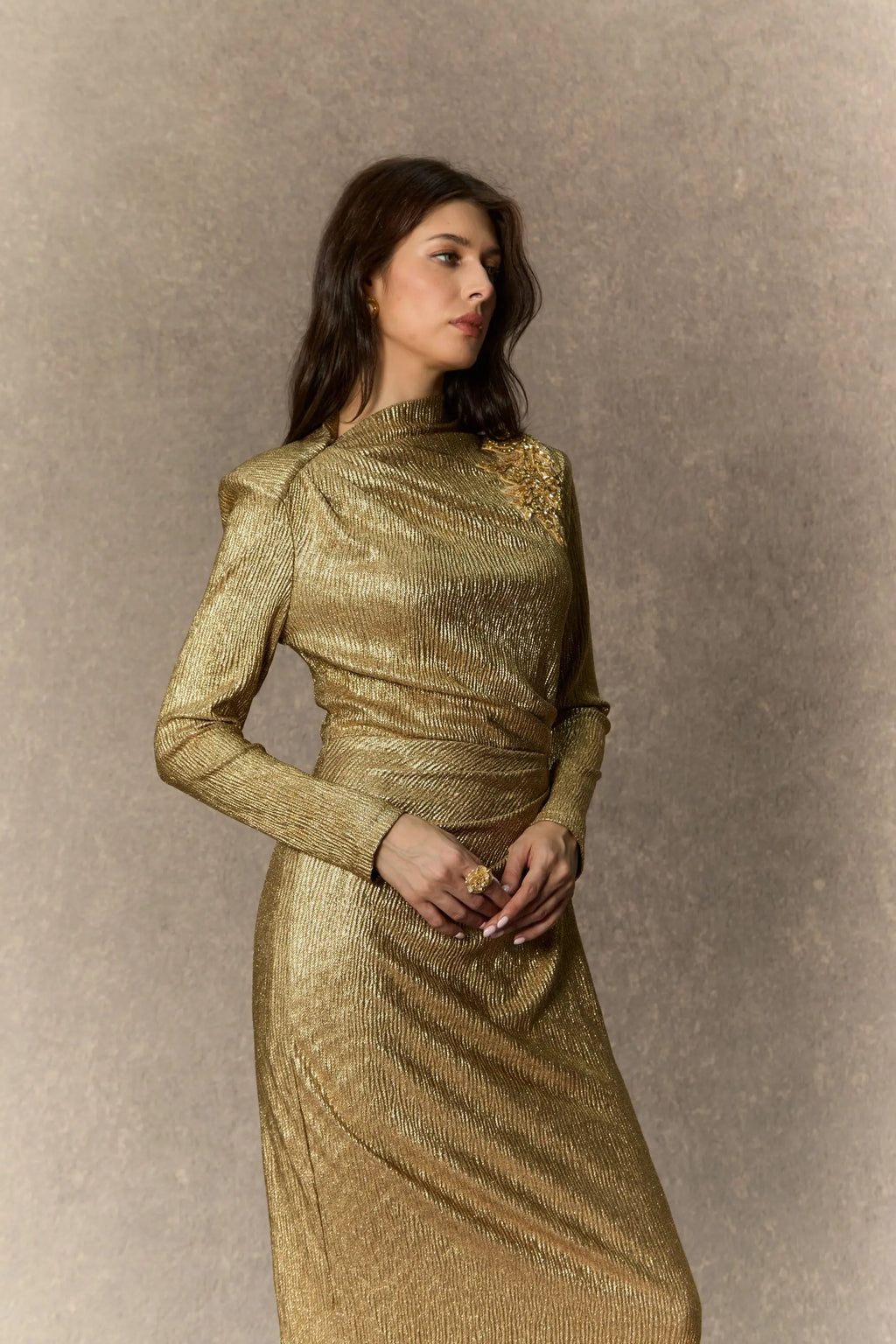 Michelle Gold Floral Embellished Texture Midi Dress Avalabel