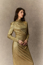 Michelle Gold Floral Embellished Texture Midi Dress Avalabel