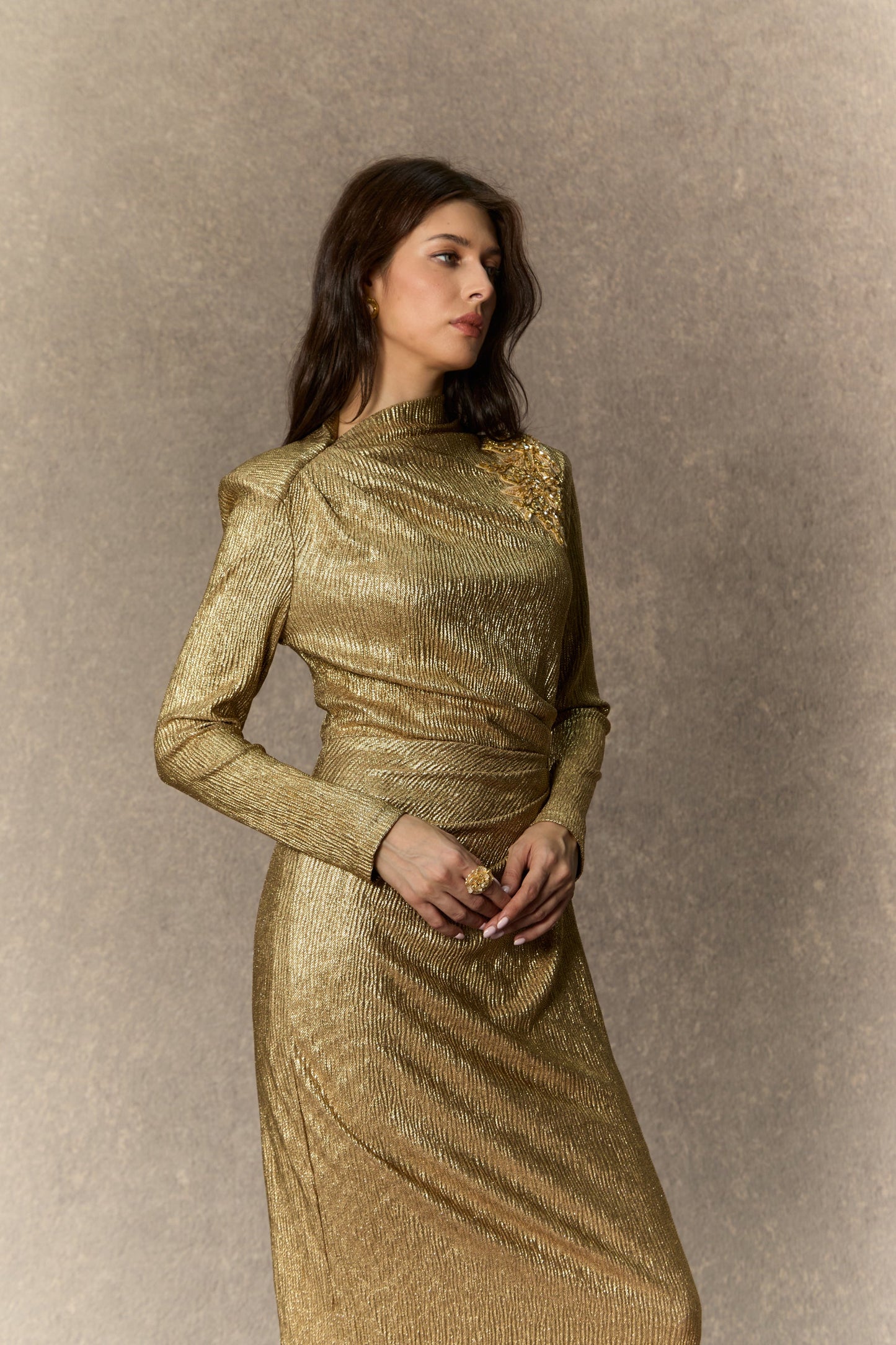 Michelle Gold Floral Embellished Texture Midi Dress