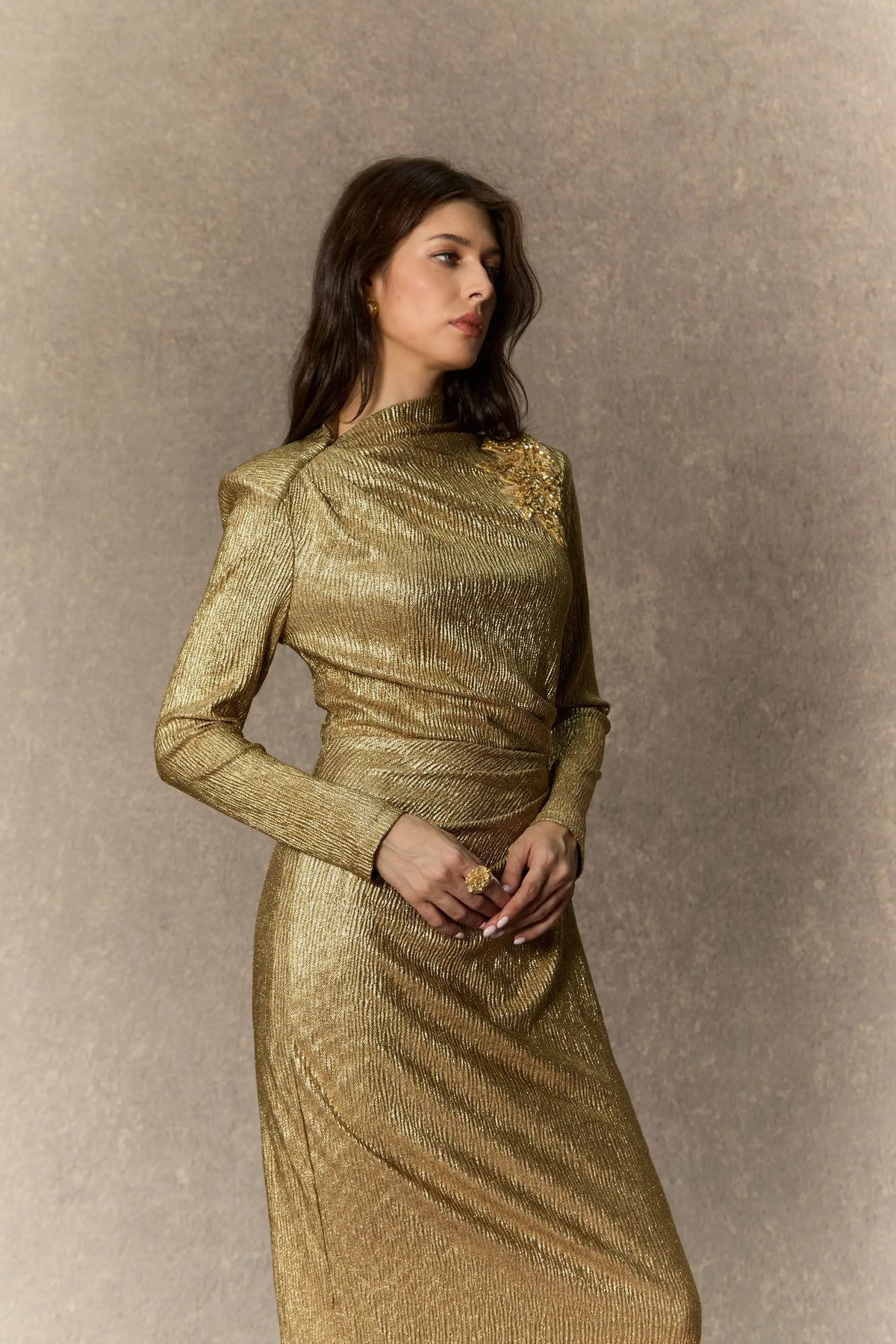 Michelle Gold Floral Embellished Texture Midi Dress Avalabel