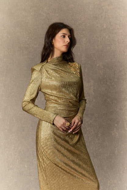 Michelle Gold Floral Embellished Texture Midi Dress